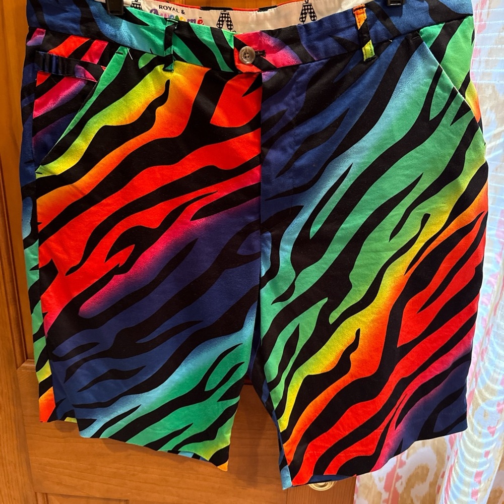 Rainbow Zebra Print Flat Front Golf Shorts